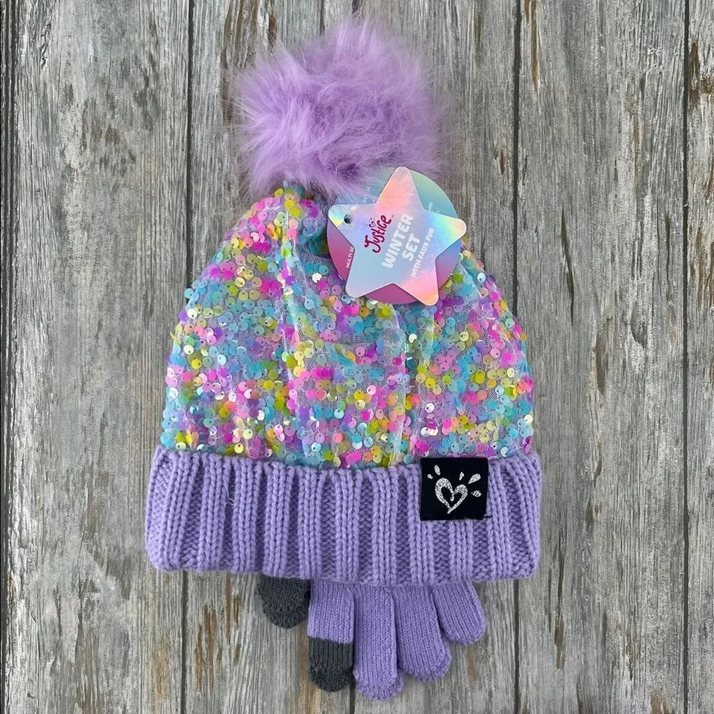 Girls Justice Sequin Cable Knit Hat and Gloves Set Pink 2-Pack